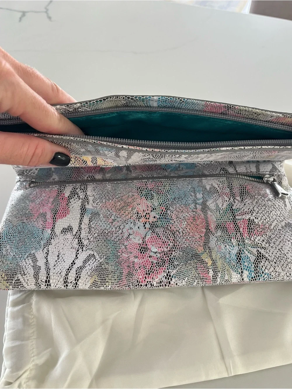 HOBO International Zeal Lizard Floral Leather Fold Over Zip Clutch Bag